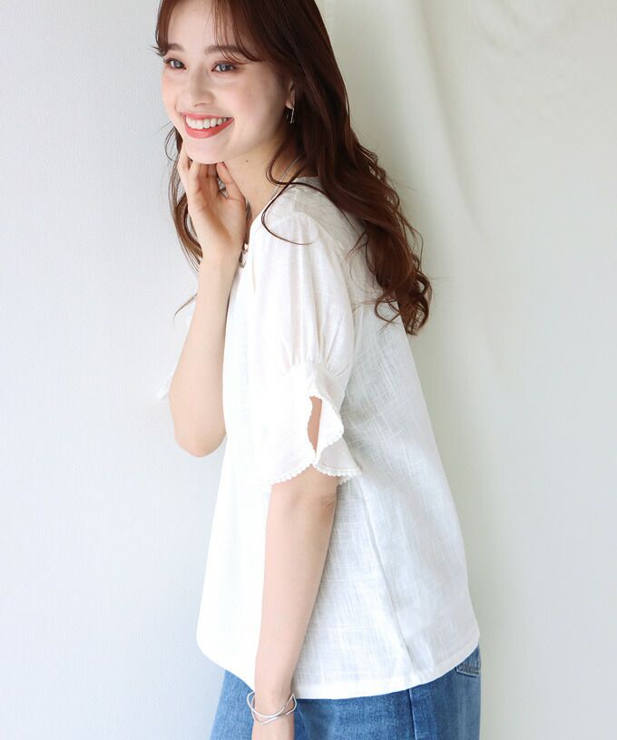 日本 BLUE EAST - 棉麻透氣涼爽短袖上衣-米杏