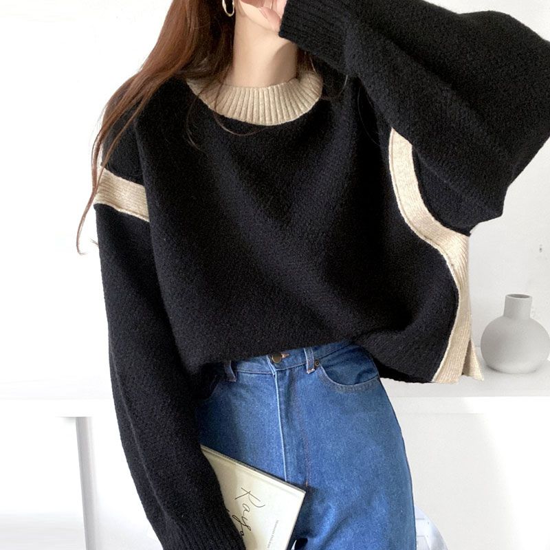 日本 Classical Elf - 撞色拼接寬鬆落肩毛衣-黑x杏