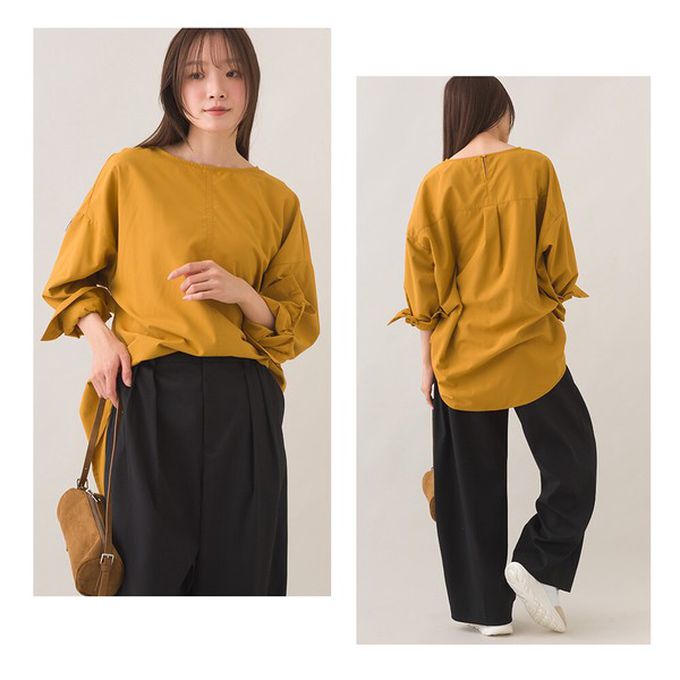 日本 OMNES - 圓弧優雅前短後長修身船領長袖上衣-淺杏