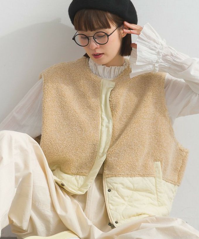 日本 Lupilien - 文青風異素材毛絨拼接保暖背心-炭灰