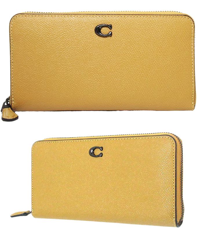 COACH - 素面皮革拉鍊長夾 (黃)