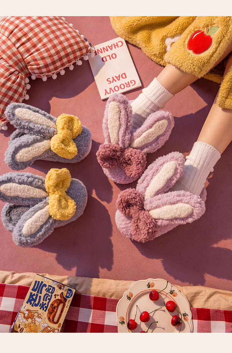 毛毛保暖室內拖鞋-蝴蝶結兔耳朵-白色