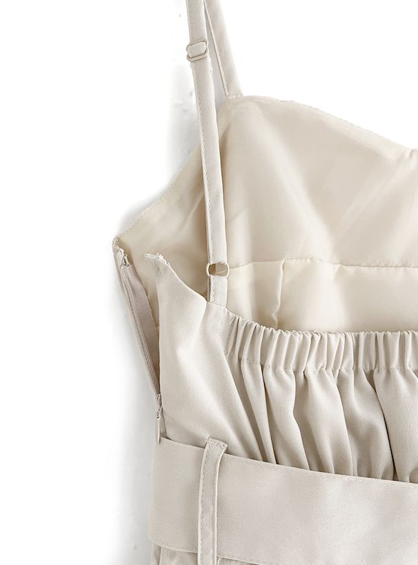 日本 GRL - 優雅修身寬腰帶吊帶裙/洋裝-淺米杏