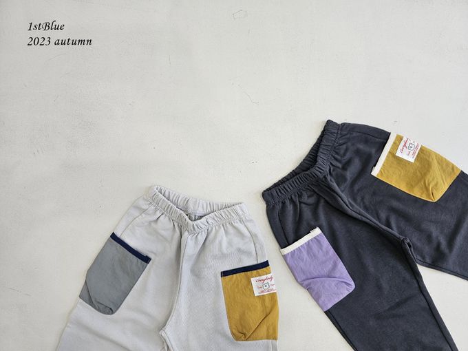 韓國 First Blue - 鬆緊腰雙色口袋縮口長褲-黑灰