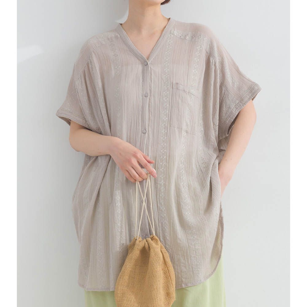 柔軟嫘縈緹花分層V領短袖上衣-灰棕