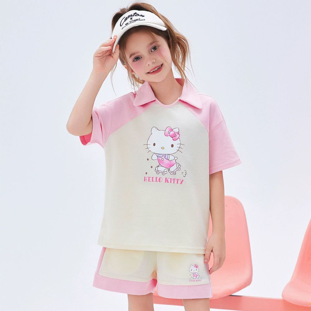 撞色翻領短袖上衣+短褲套裝-卡通人物Hello Kitty-米杏