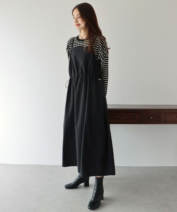 日本 BLUE EAST - 工裝風抽繩縮腰吊帶裙-卡其