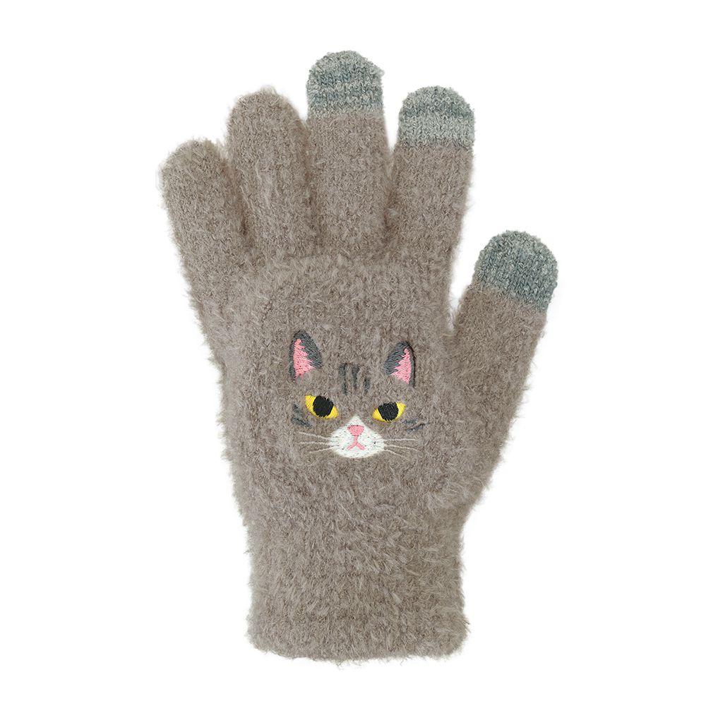 日本 TOMO - 大人可觸控短絨保暖手套-虎斑貓-灰棕