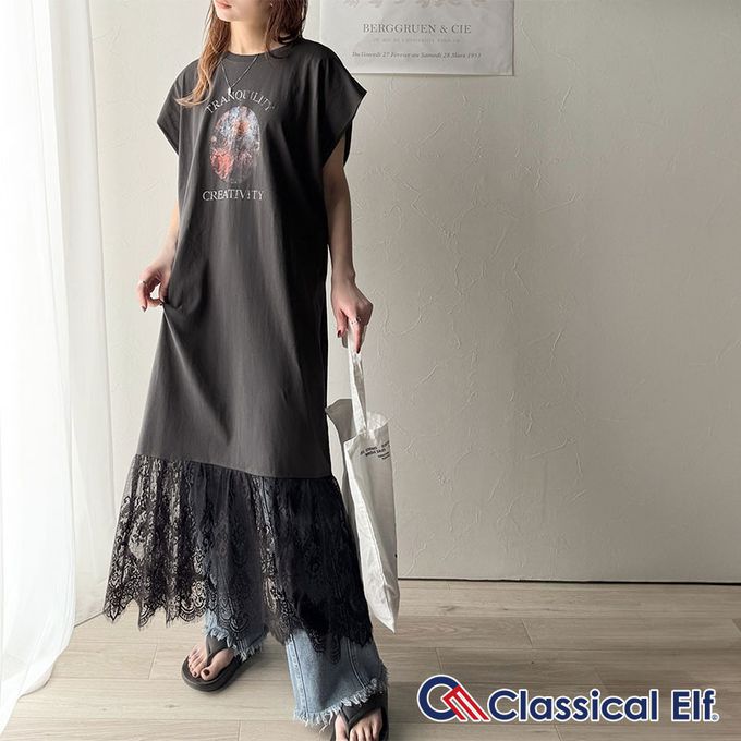 日本 Classical Elf - 下擺蕾絲酷感印花法式袖洋裝-斑駁