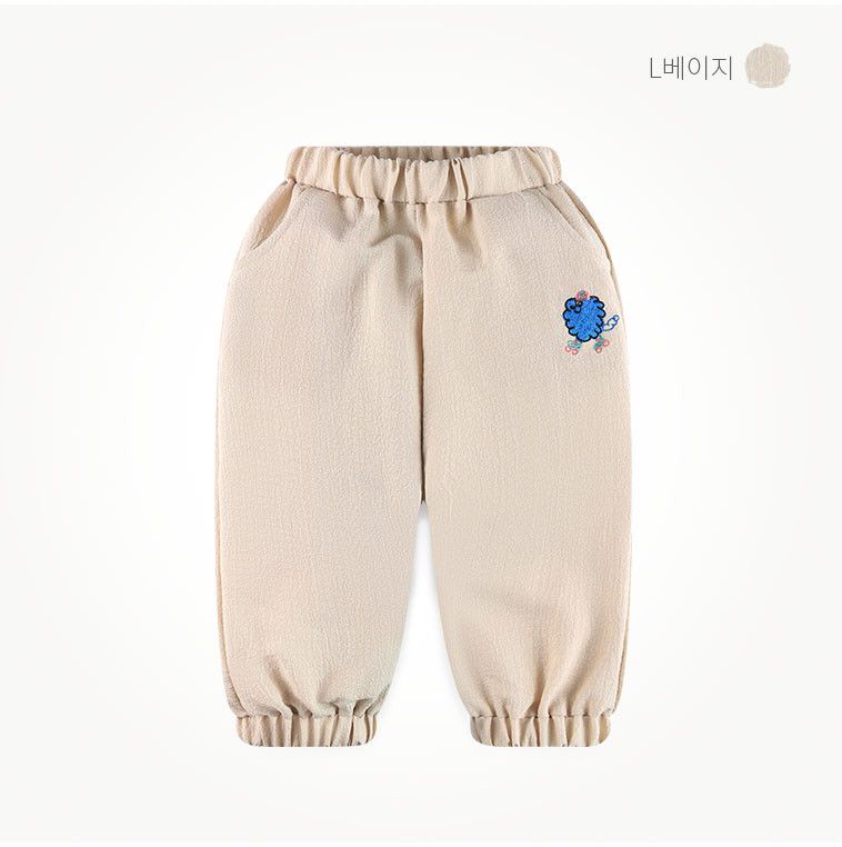 韓國 milk mile - 玩偶刺繡皺摺縮口長褲-淺藍