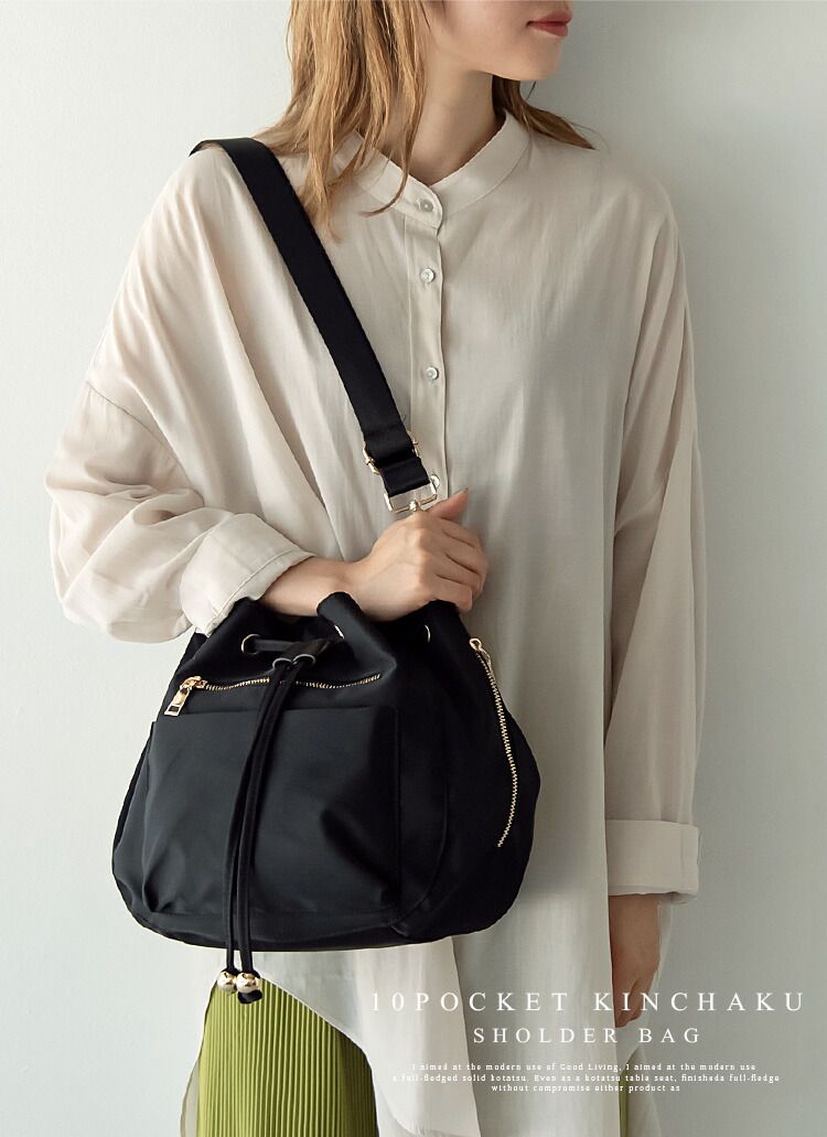 日本代購 - 尼龍輕量 10口袋多功能肩背包-卡其棕 (24x18x14cm)