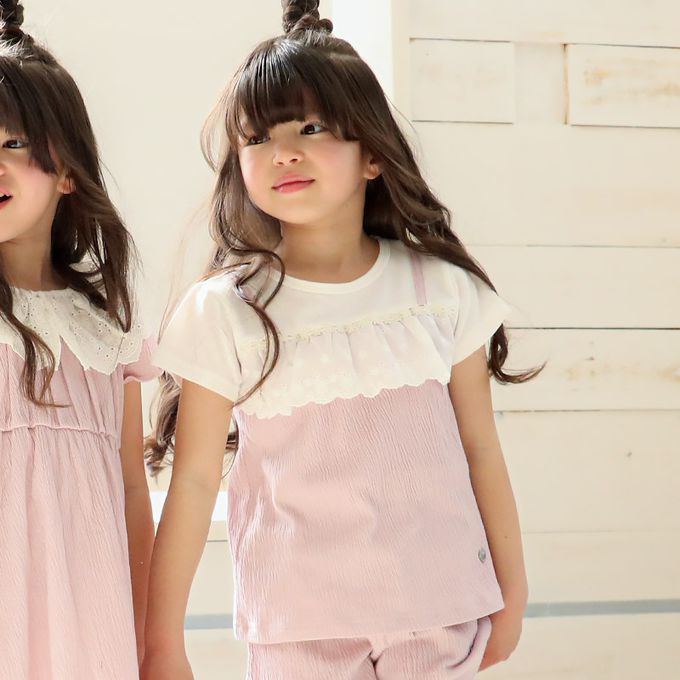 日本 ZOOLAND - 清爽楊柳 假二件蕾絲滾邊短袖上衣-米杏