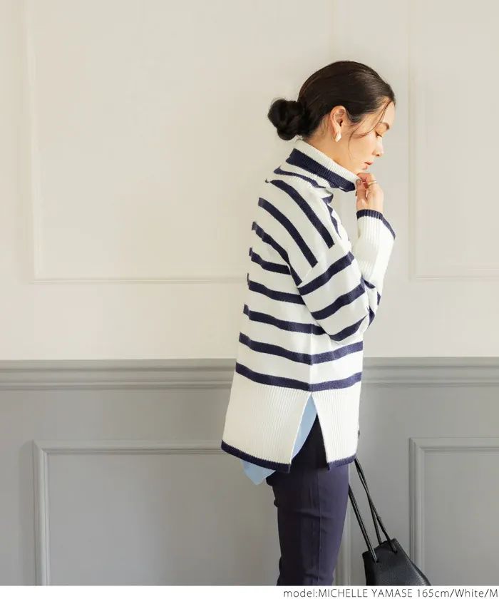 日本 COCA - 時尚條紋針織高領毛衣-白x黑