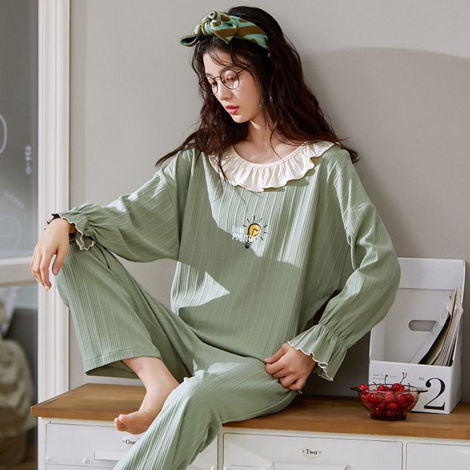 棉質休閒長袖家居服/睡衣套裝-格紋+兔兔-杏+紅