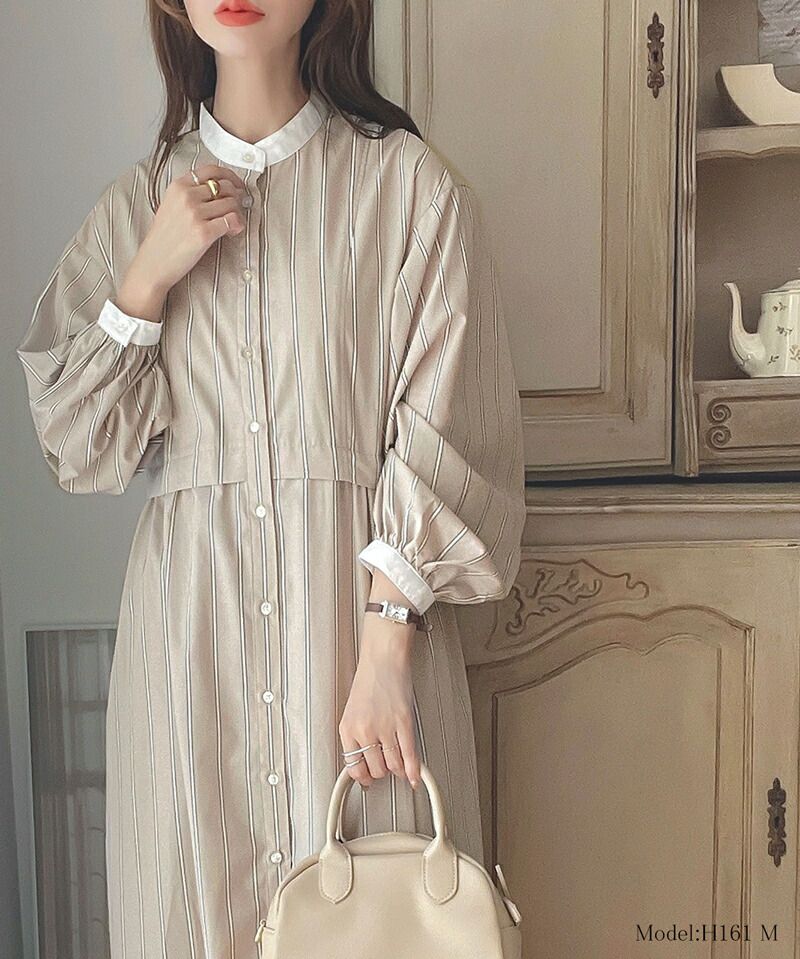 日本 Classical Elf - 修身立領泡泡袖襯衫洋裝-直條紋-海軍藍