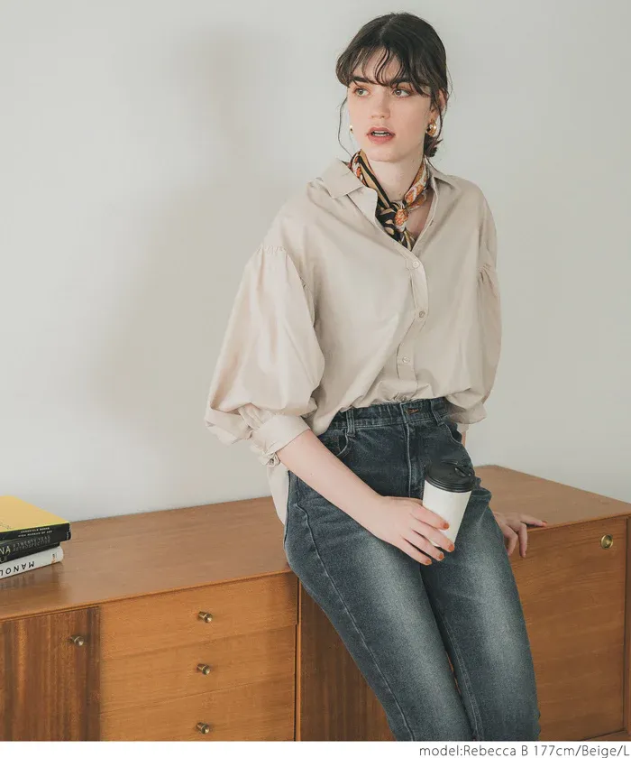 日本 COCA - 翻領寬鬆氣球袖襯衫-米杏