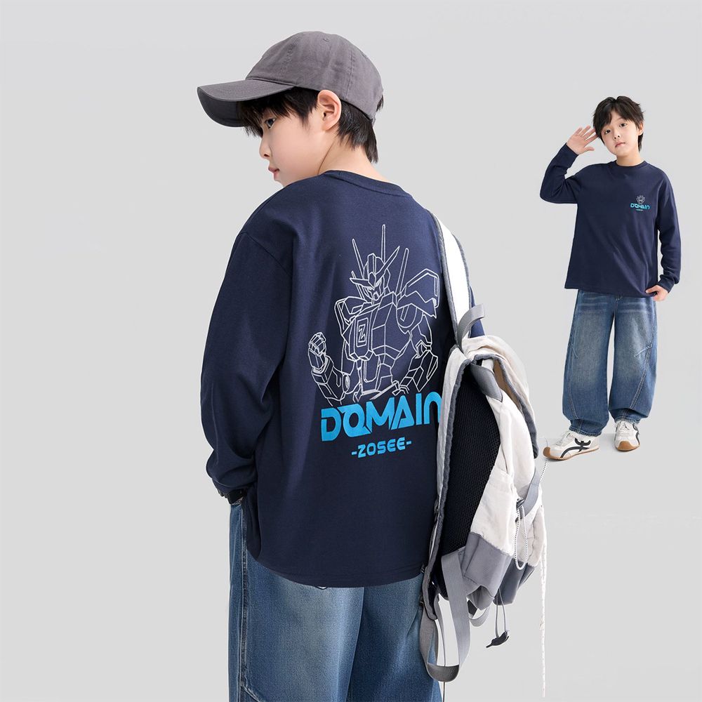 純棉親膚透氣長袖上衣-線條機器人-藏青