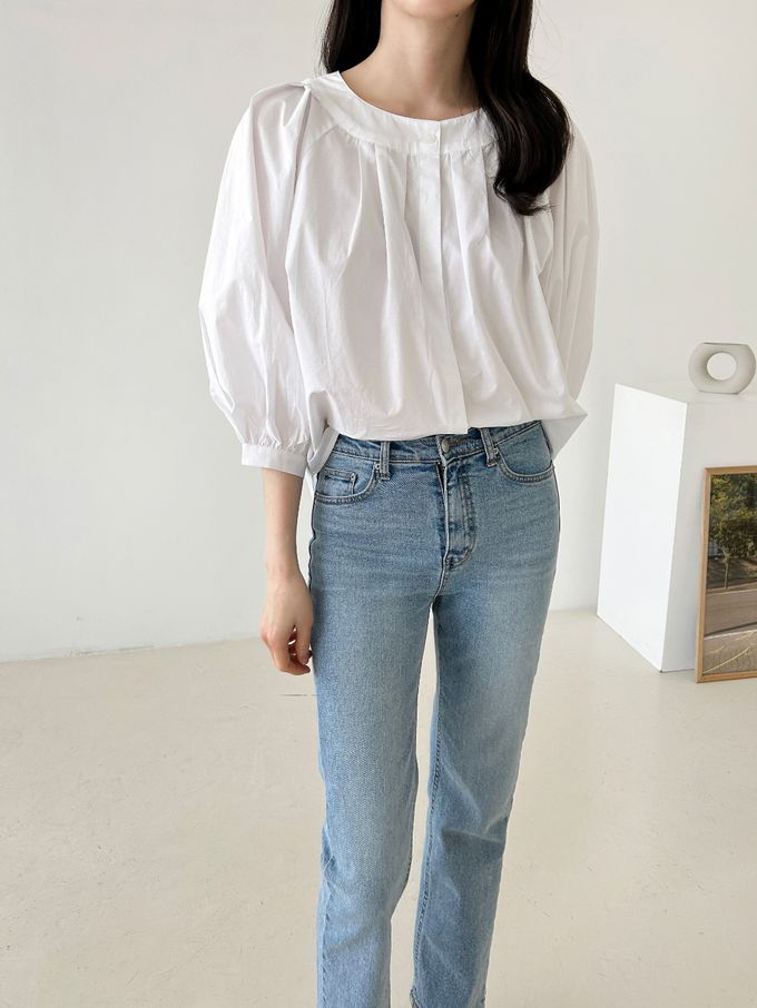 韓國女裝連線 - 氣質抓褶圓領七分袖襯衫-白 (FREE)