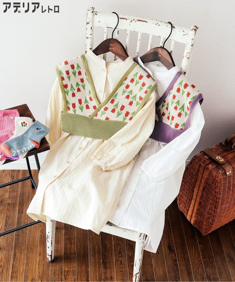 日本 BREEZE - 聯名款 昭和風針織背心x長袖洋裝-優雅鬱金香-黃綠