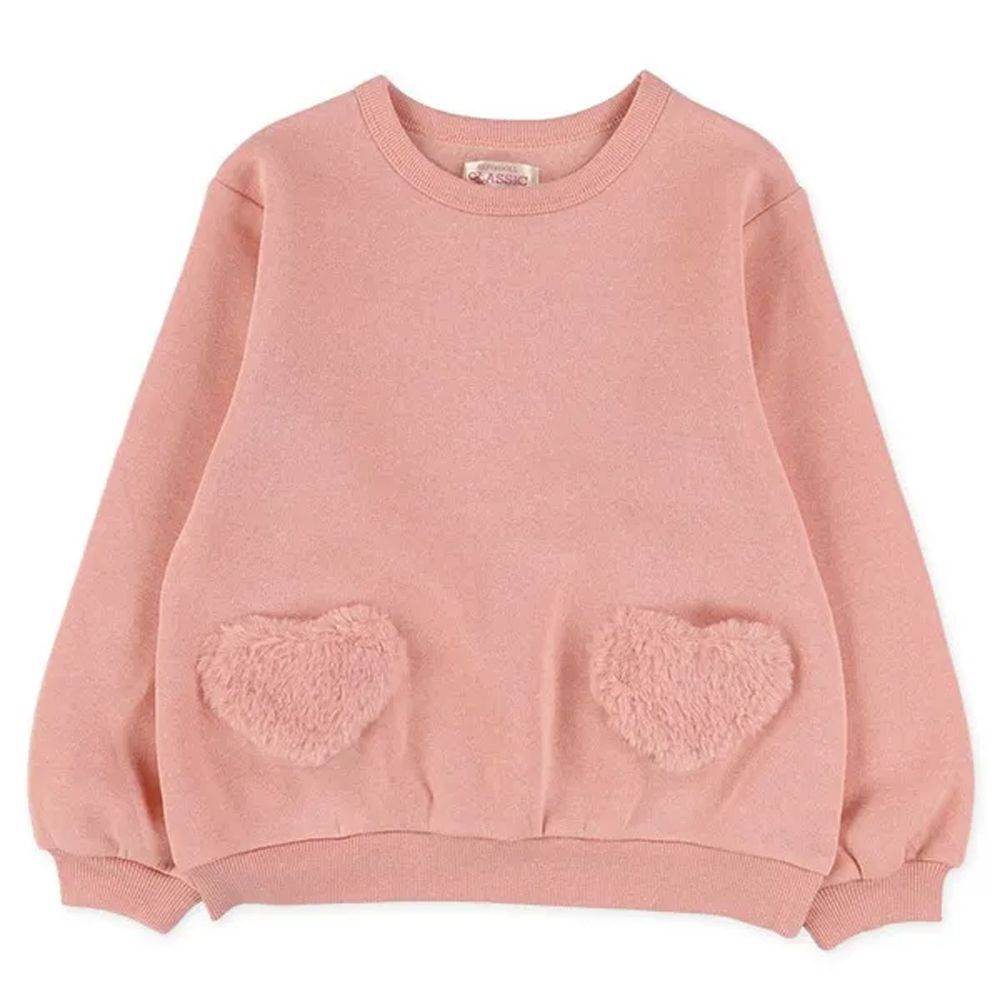 毛絨愛心口袋裏起毛長袖上衣-粉紅