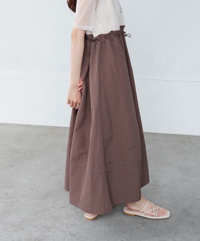 日本 Bab - 拼接層次感抽繩薄紗短袖洋裝-灰x黑