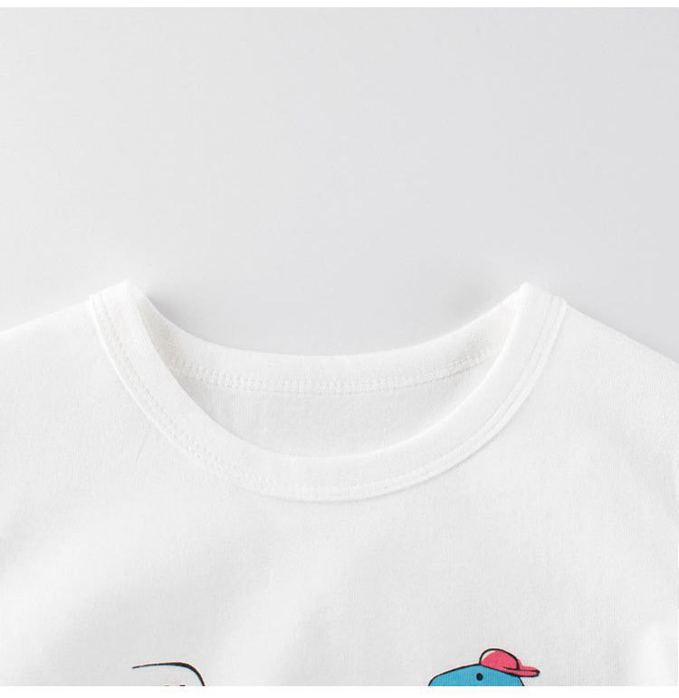 純棉圓領假兩件薄長袖上衣-滑板車恐龍-米白+藍