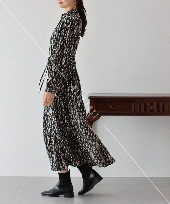 日本 BLUE EAST - [人氣款]簡約抽繩收腰長袖洋裝-撞色袖-摩卡