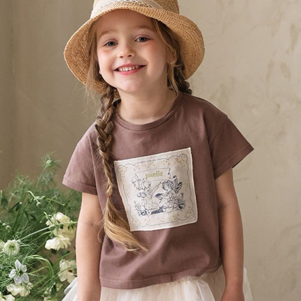 Puellaflo 天使圖案布貼純棉短袖上衣-咖啡