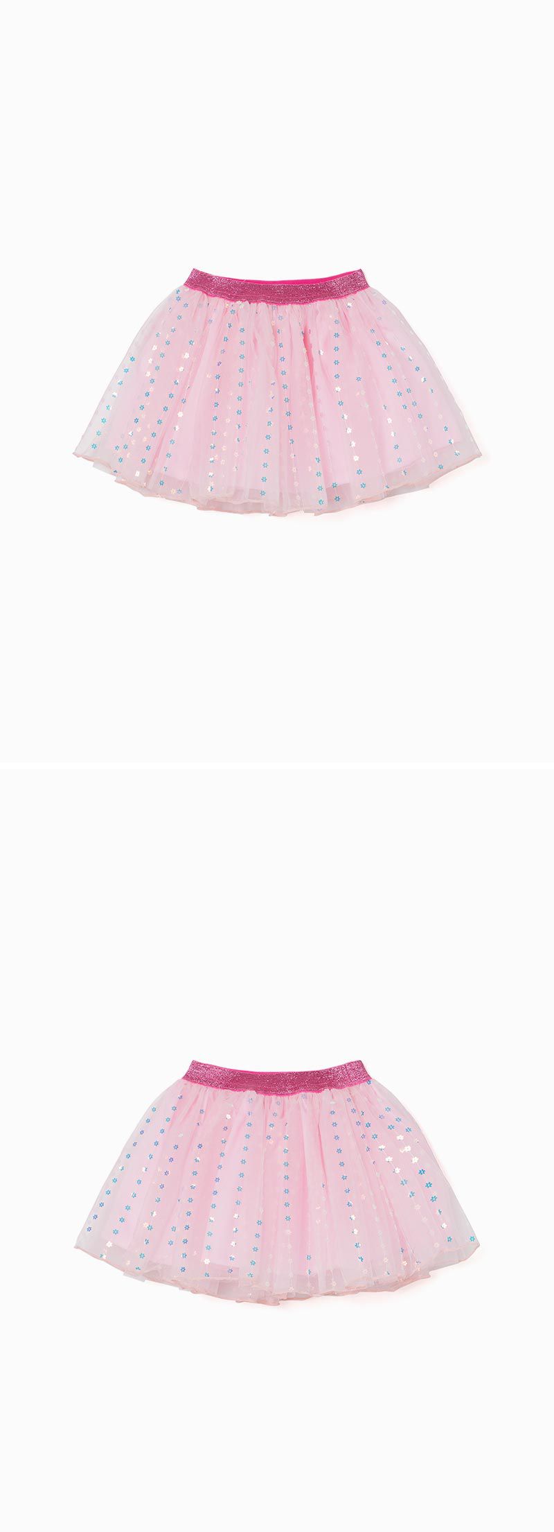 韓國 OZKIZ - 小花亮片層次網紗裙-粉紅