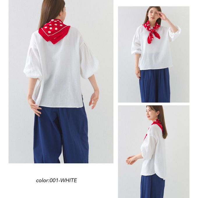 日本 OMNES - 100%印度棉 簡潔二重紗澎袖上衣-深藍格紋