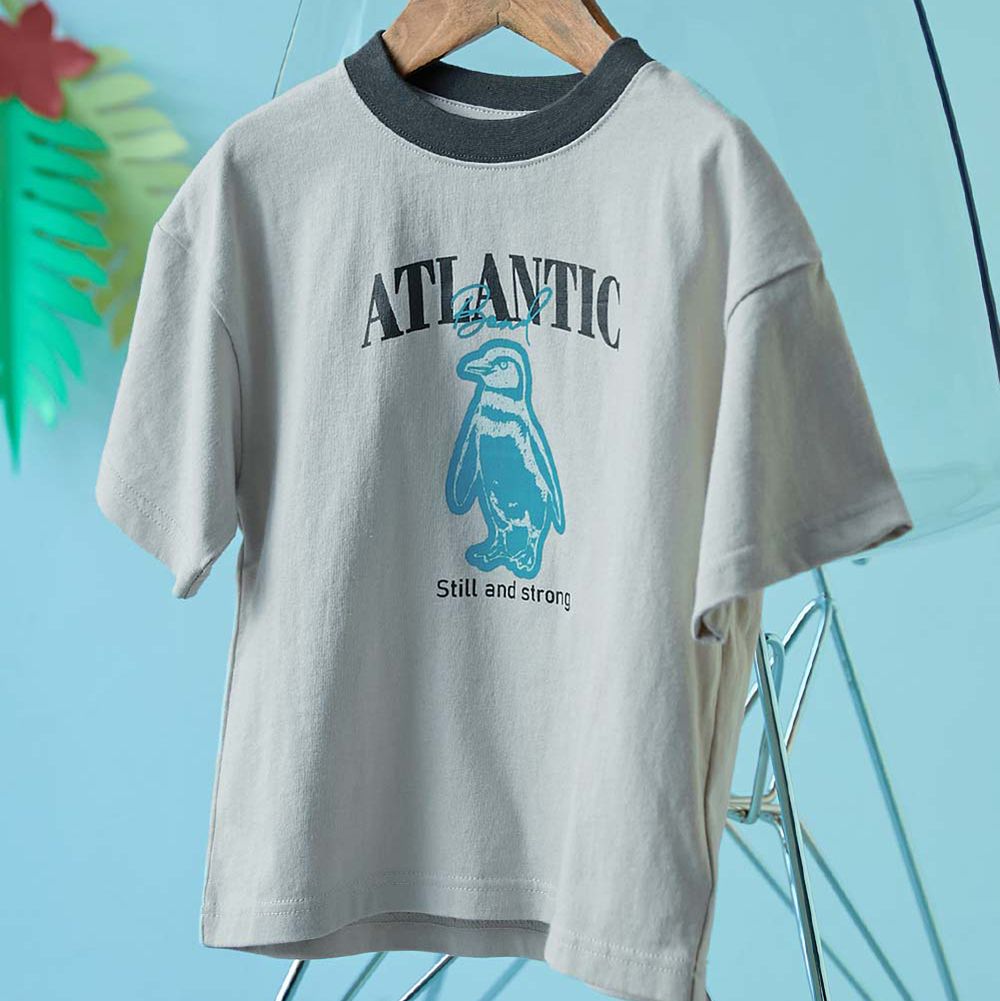 純棉動物線條印花短袖上衣-企鵝-灰棕