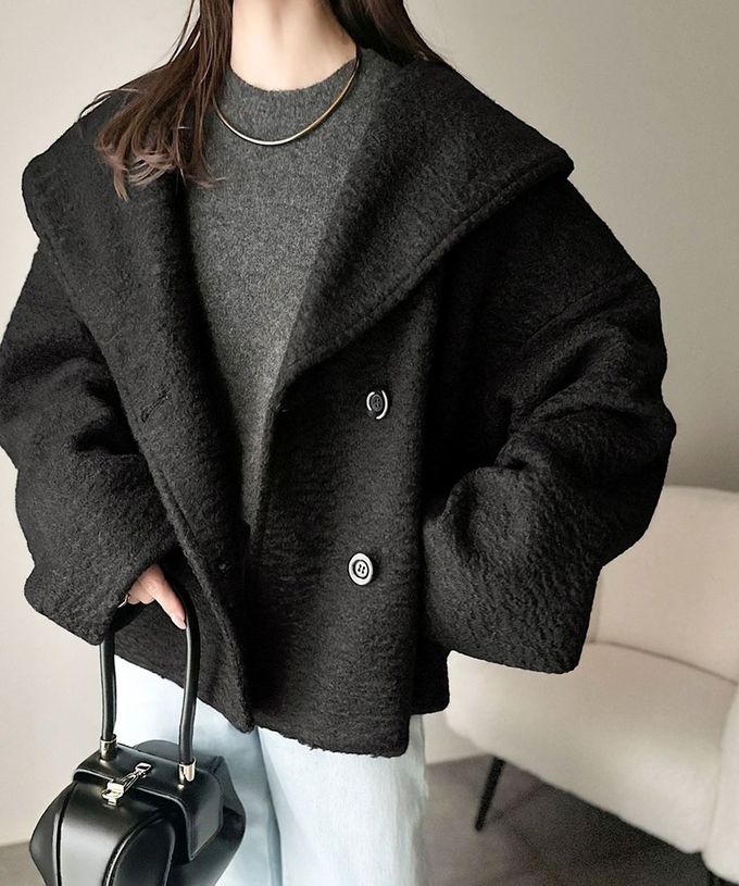 日本 Classical Elf - 注目大翻領優雅毛呢感大衣外套-淺摩卡