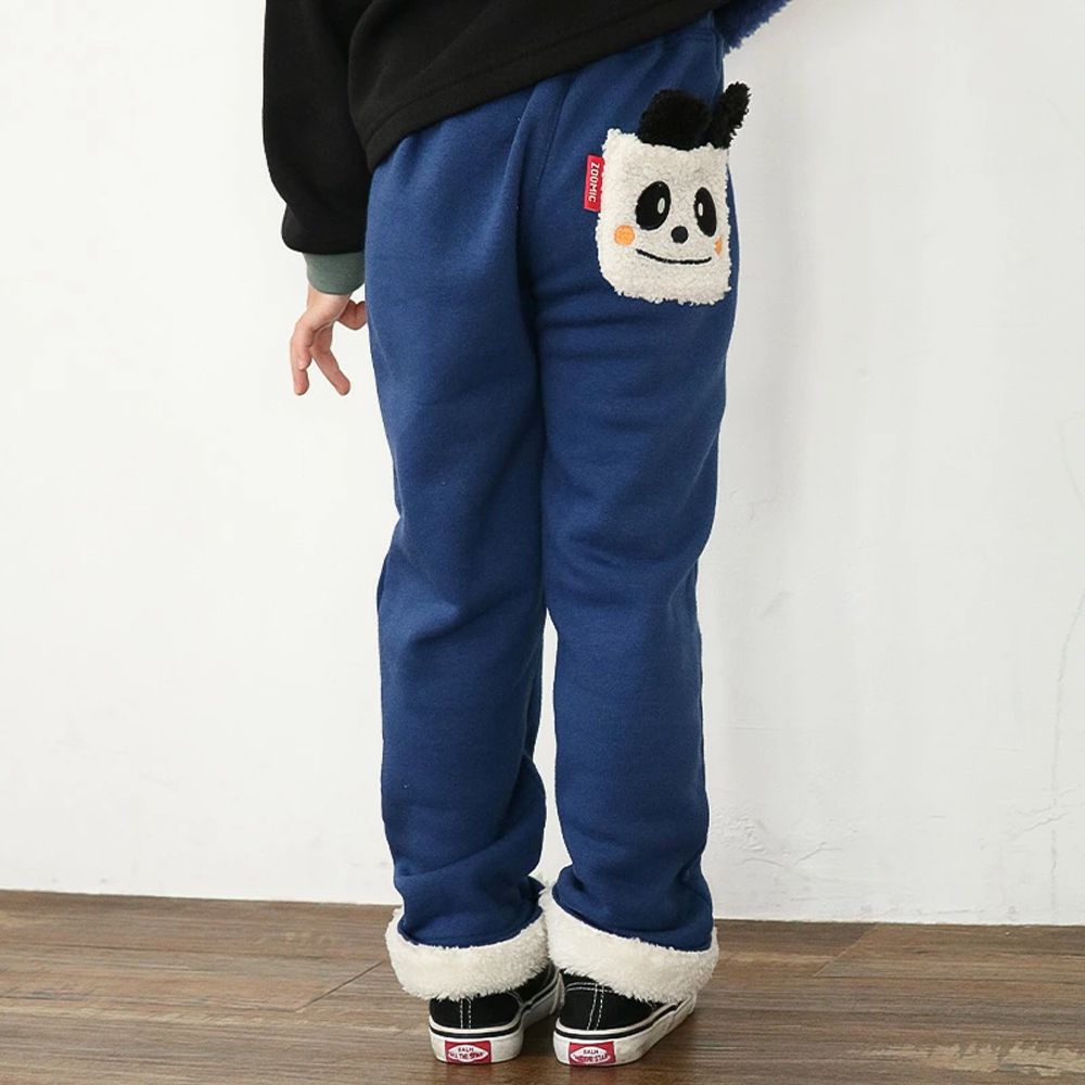 毛茸茸口袋裏起毛溫暖長褲-貓熊-藍