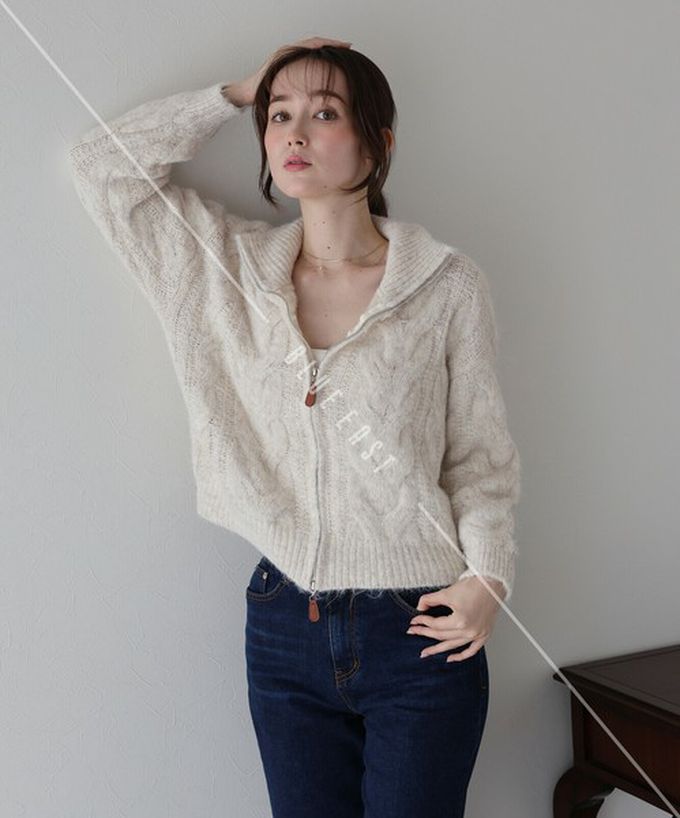 日本 BLUE EAST - 混羊毛麻花紋路立領雙拉鏈針織外套-咖啡