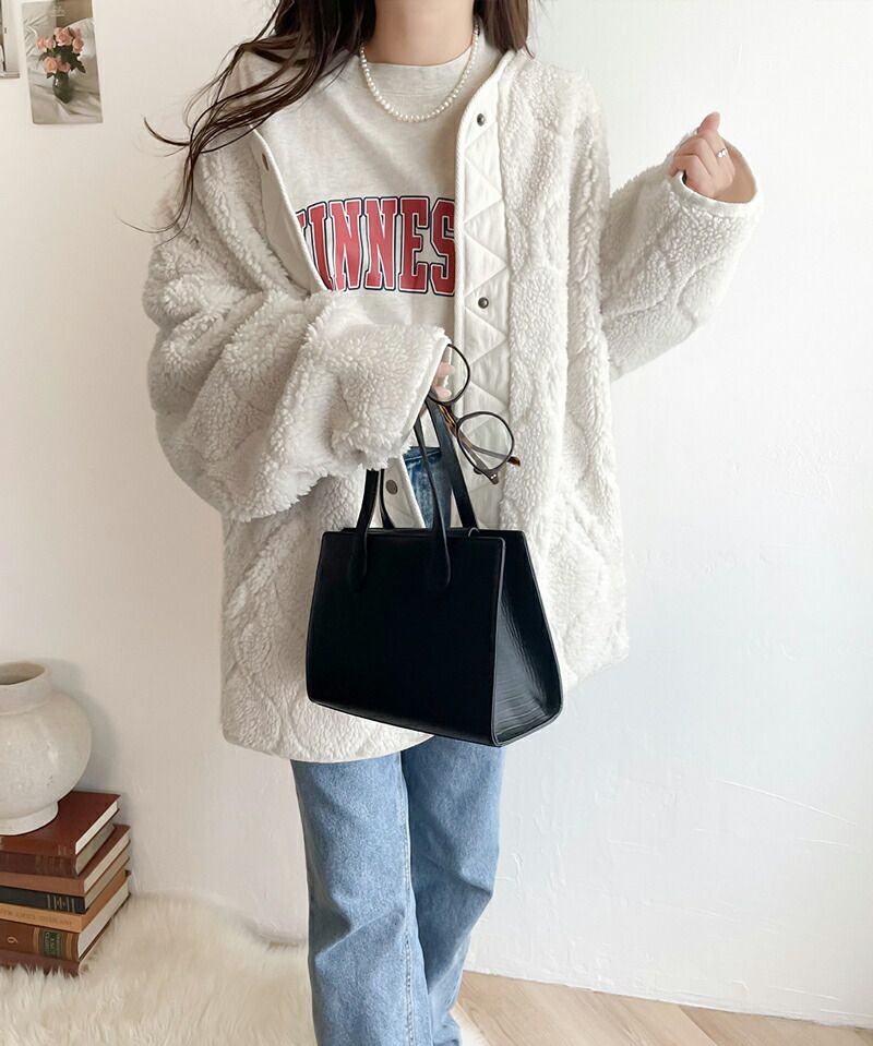 日本 Classical Elf - 寬版絎縫短絨毛呢外套-黑