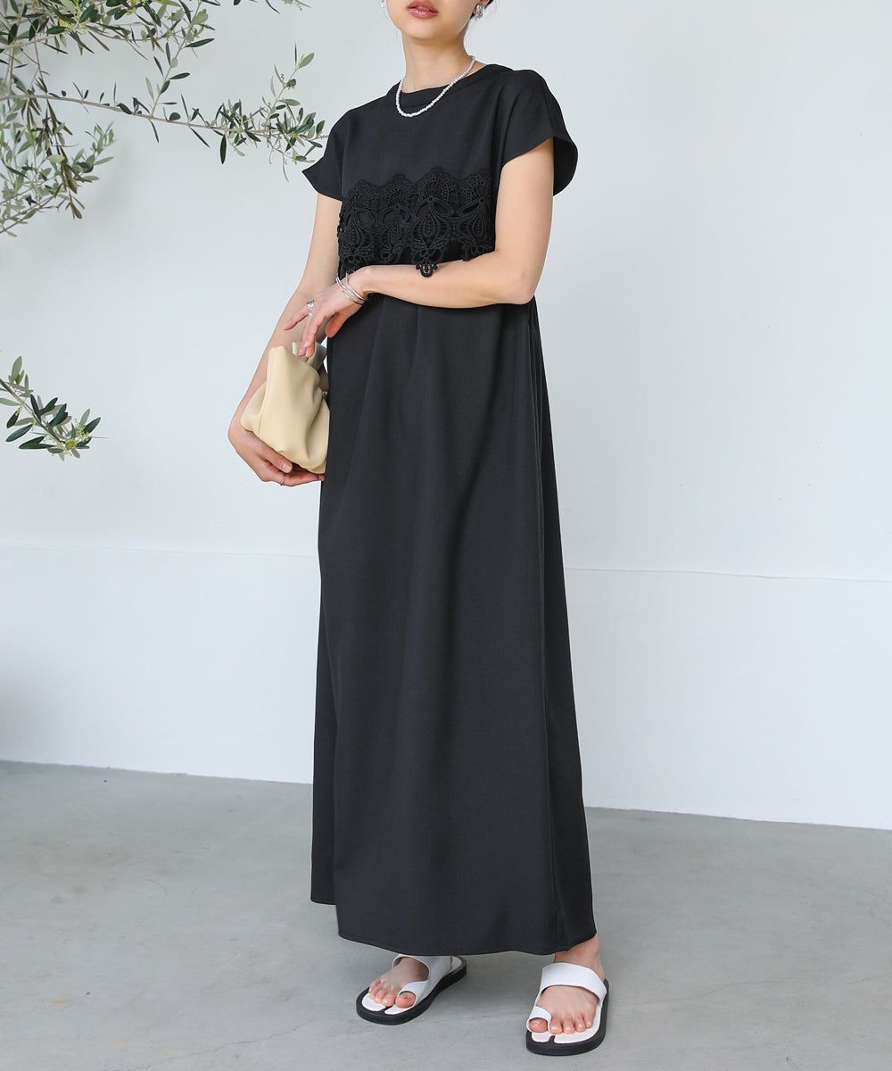 日本 Bab - 前蕾絲拼接短袖洋裝-黑