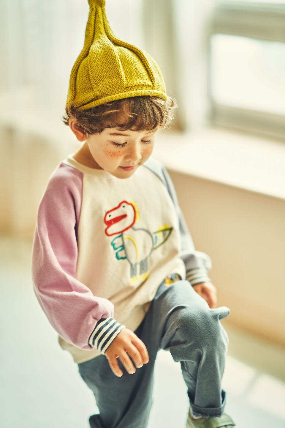 韓國 Mimico - 刺繡胖胖恐龍鬆緊褲頭長褲