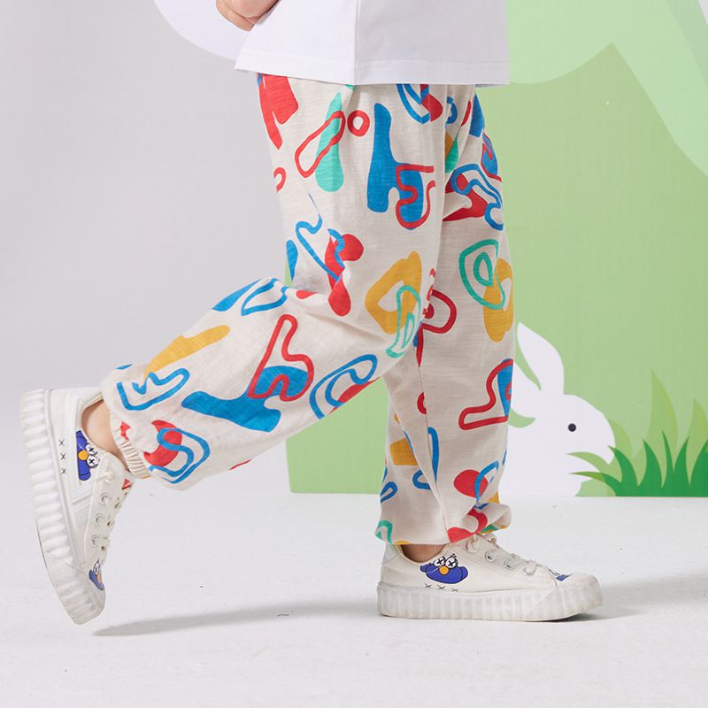 竹節棉束口長褲/防蚊褲-滿版繽紛英文字母-杏色