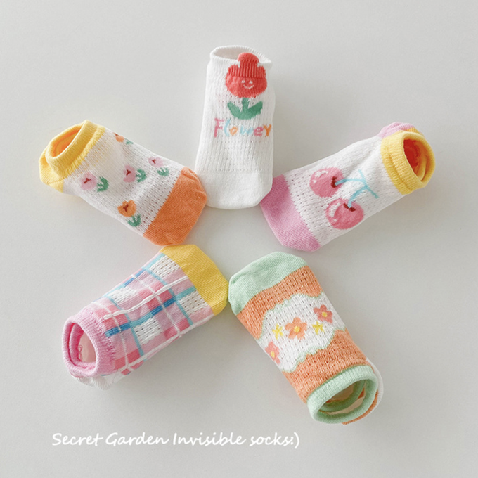 love, charlotte - 繽紛花朵櫻桃網眼隱形棉襪-5 雙一組