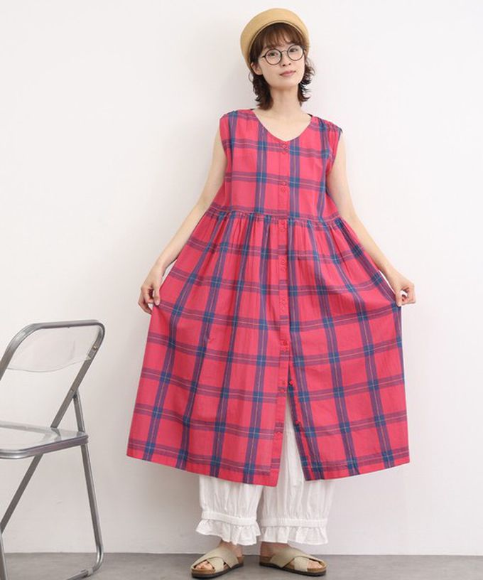 日本 Lupilien - 100%印度棉 清爽格紋開襟無袖洋裝-黃