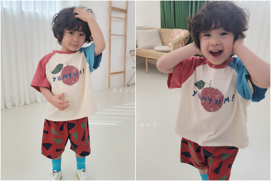 韓國 The Funny - 水果拼接色純棉T-黃X綠