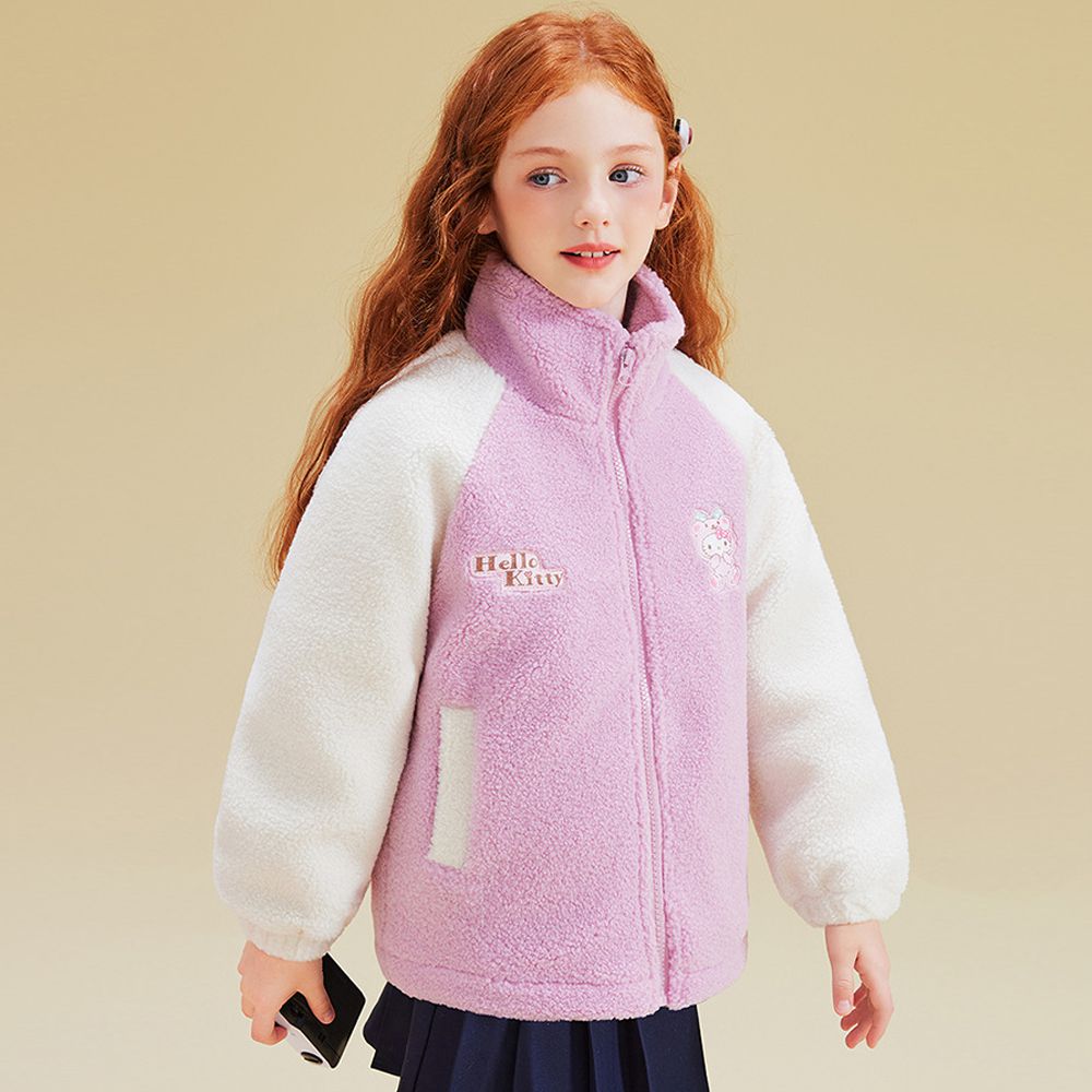 保暖搖粒絨鋪棉半高領外套-卡通人物Hello Kitty-拼色粉紫