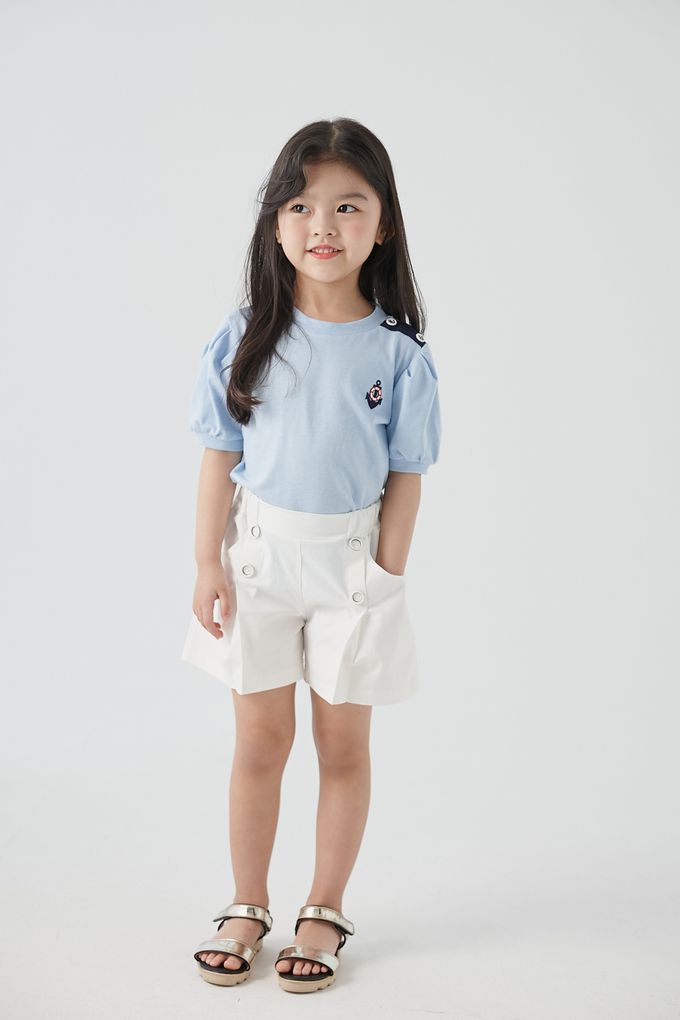 韓國 Coco Bang - 鬆緊腰裝飾釦抓褶短褲-深藍