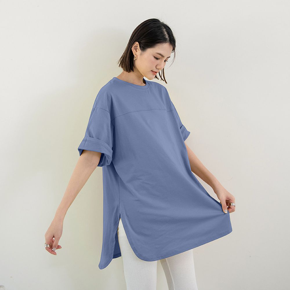 圓領休閒側開衩長版上衣-藍色 (F)
