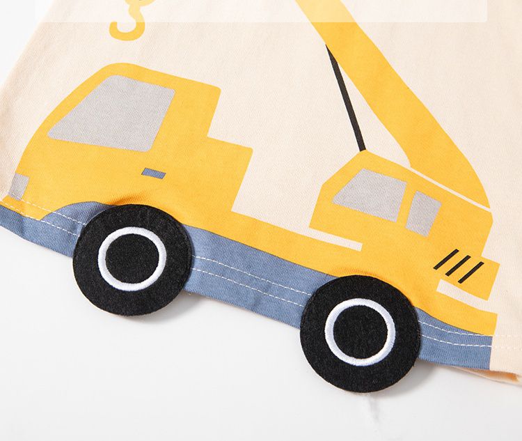 純棉圓領薄長袖上衣-造型工程車-灰+綠+杏