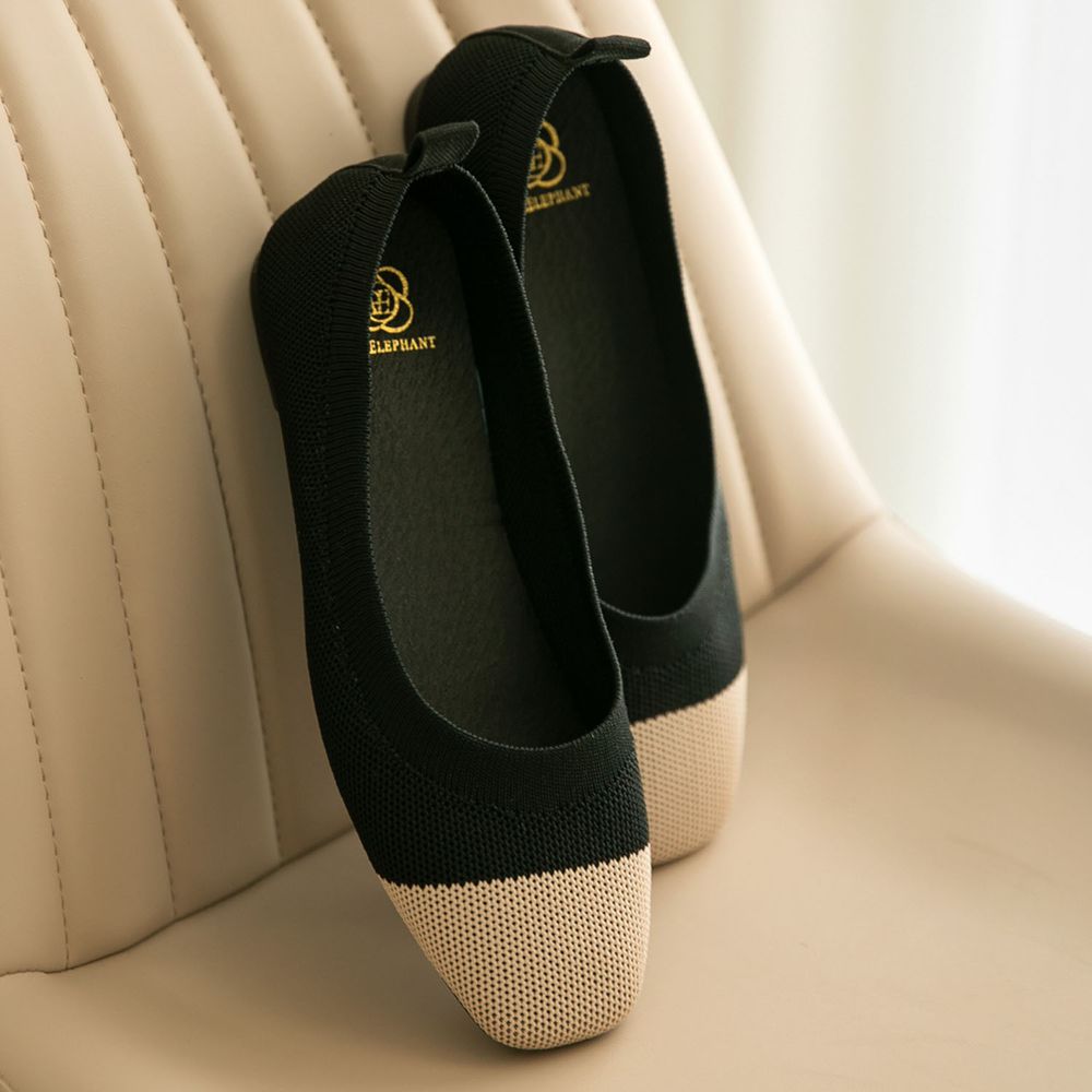 韓國 PINKELEPHANT - 針織綁帶平底包鞋(1.5cm)-黑