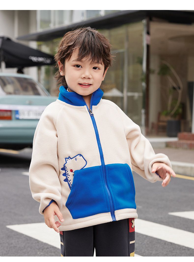 搖粒絨保暖兒童外套-恐龍-藍色
