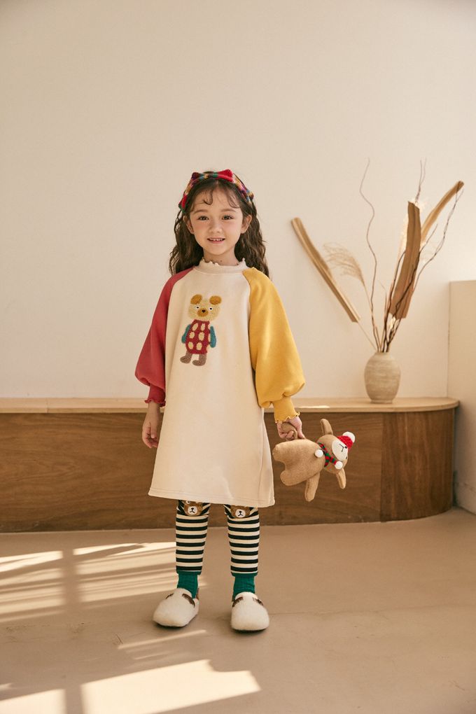 韓國 Mimico - (內磨毛)鬆緊腰彈力內搭褲-條紋棕熊-黑X白