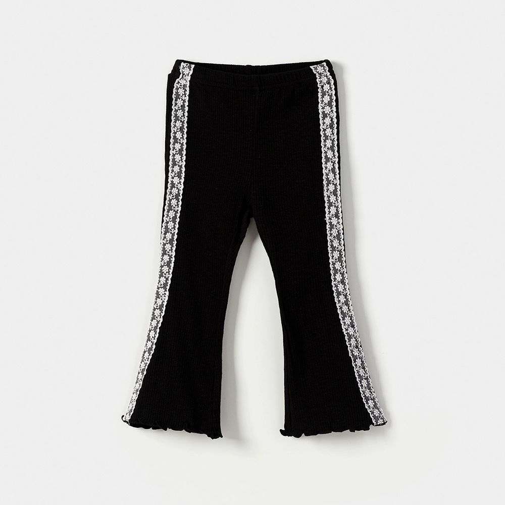 鬆緊腰蕾絲繡鑲邊彈力小喇叭褲-黑