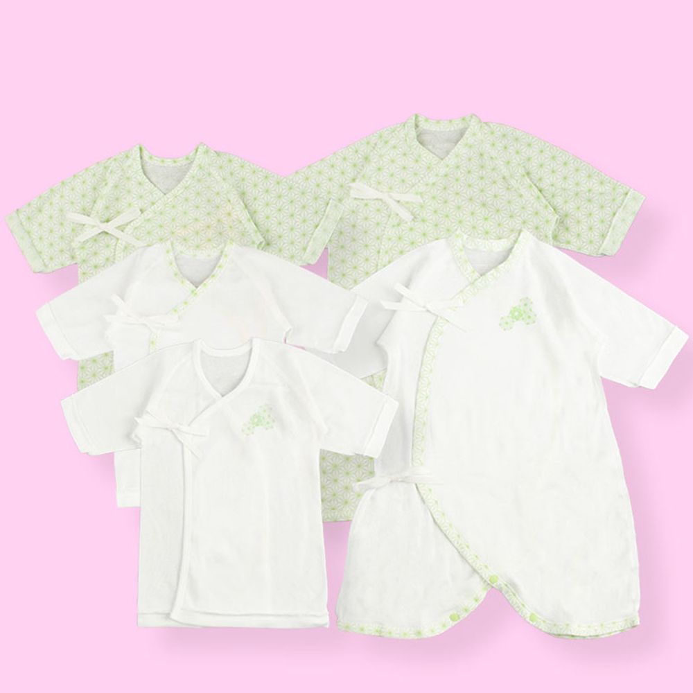 akachan honpo - 新生兒內衣5件組長袖 綁帶款-麻葉-綠色 (50～60cm)